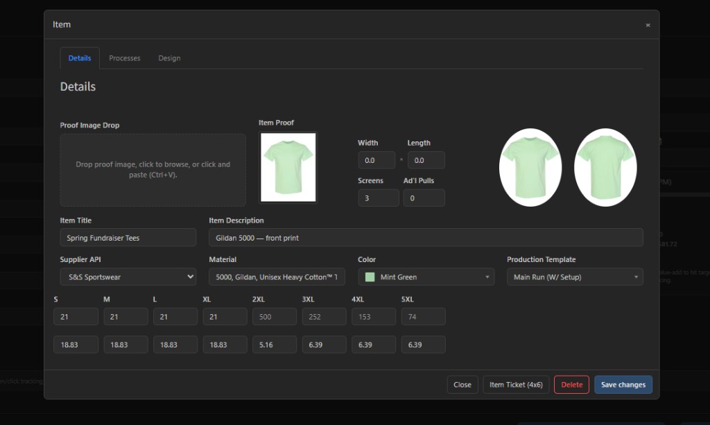 Item details with proof image, vendor catalog, and size grid