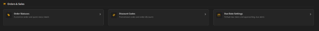 Orders and Sales settings for statuses, discount codes, and due dates